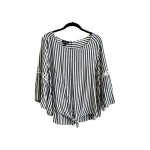 ALYX, WOMENS STRIPE TOP IN BLACK & WHITE. 3/4 SLEEVE, HI-LOW HEM. SIZEL